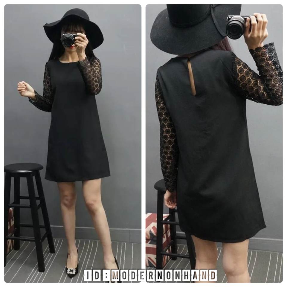 ชุดเดรส เดรสสั้น แขนแต่งลูกไม้ฉลุสีดำ แบรนด์เนม ESTHER งานผ้าชีฟองหนังไก่ เนื้อสวย หรูมากคะ Size S/M