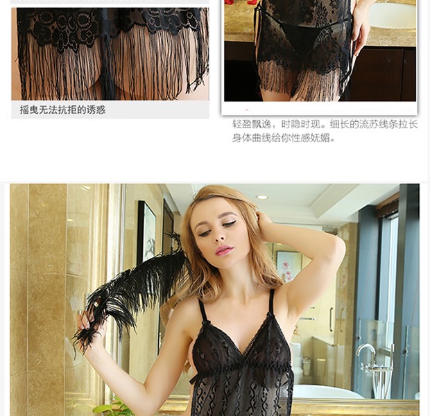 ชุดนอน เซ็กซี่ ชุดนอน วาบหวิว ชุด นอนแต่งเชือก พู่ระย้า สีดำ แต่งลายในตัว แบบเปิดหลัง แบบเซ็กซี่ เข็ดฟันอย่างบอกใครเลยคะ +G-string เข้าชุดคะ