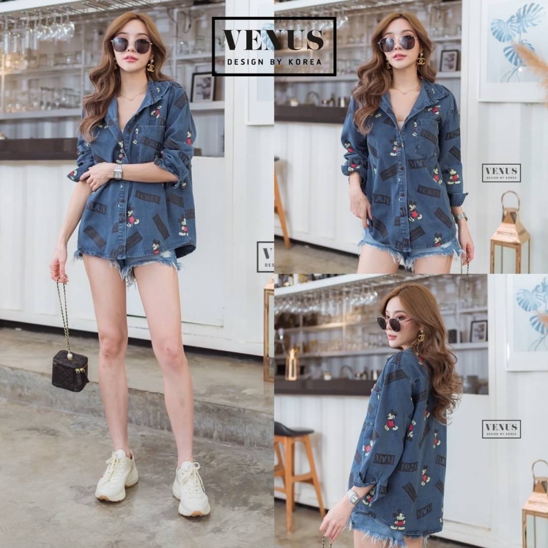 Restock 💙💙💙💙 I'm Lady By Venus Micky Jeans เสื้อเชิ๊ตผ้ายีนเนื้อดี สกีนลายการ์ตูนย์สุดน่ารัก งานสวยนะคะ แม๊ทกับกางเกงยีนขาสั้นก็น่ารักคะ