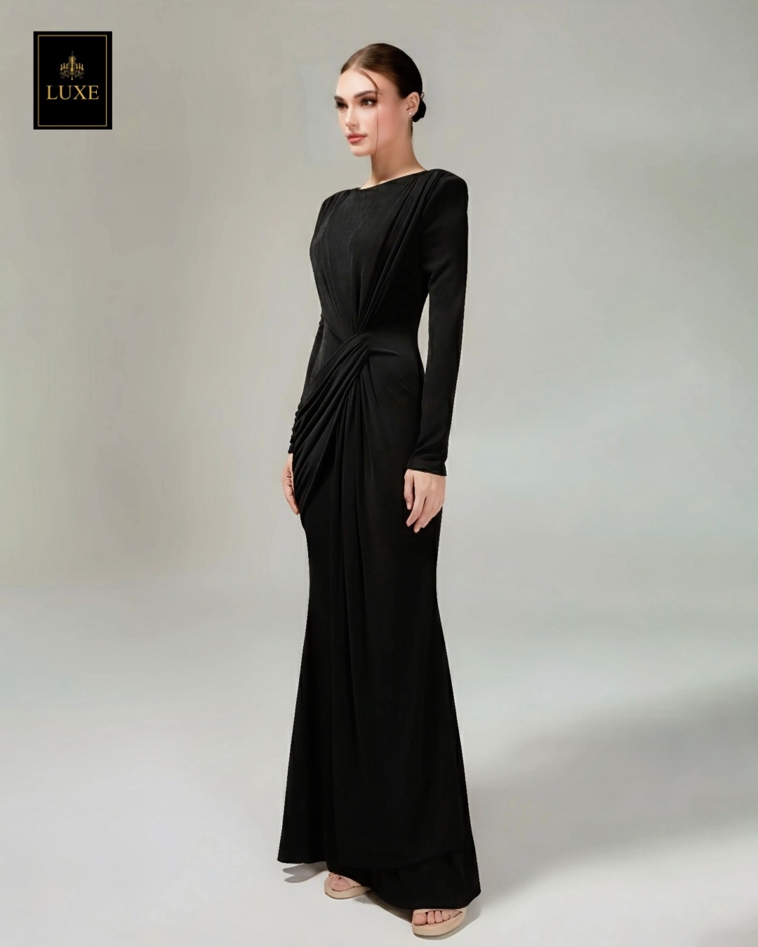 เดรสแฟชั่น แม็กซี่เดรสเสื้อคอกลมแขนยาว เสริมไหล่ กระโปรงยาวคลุมข้อเท้า