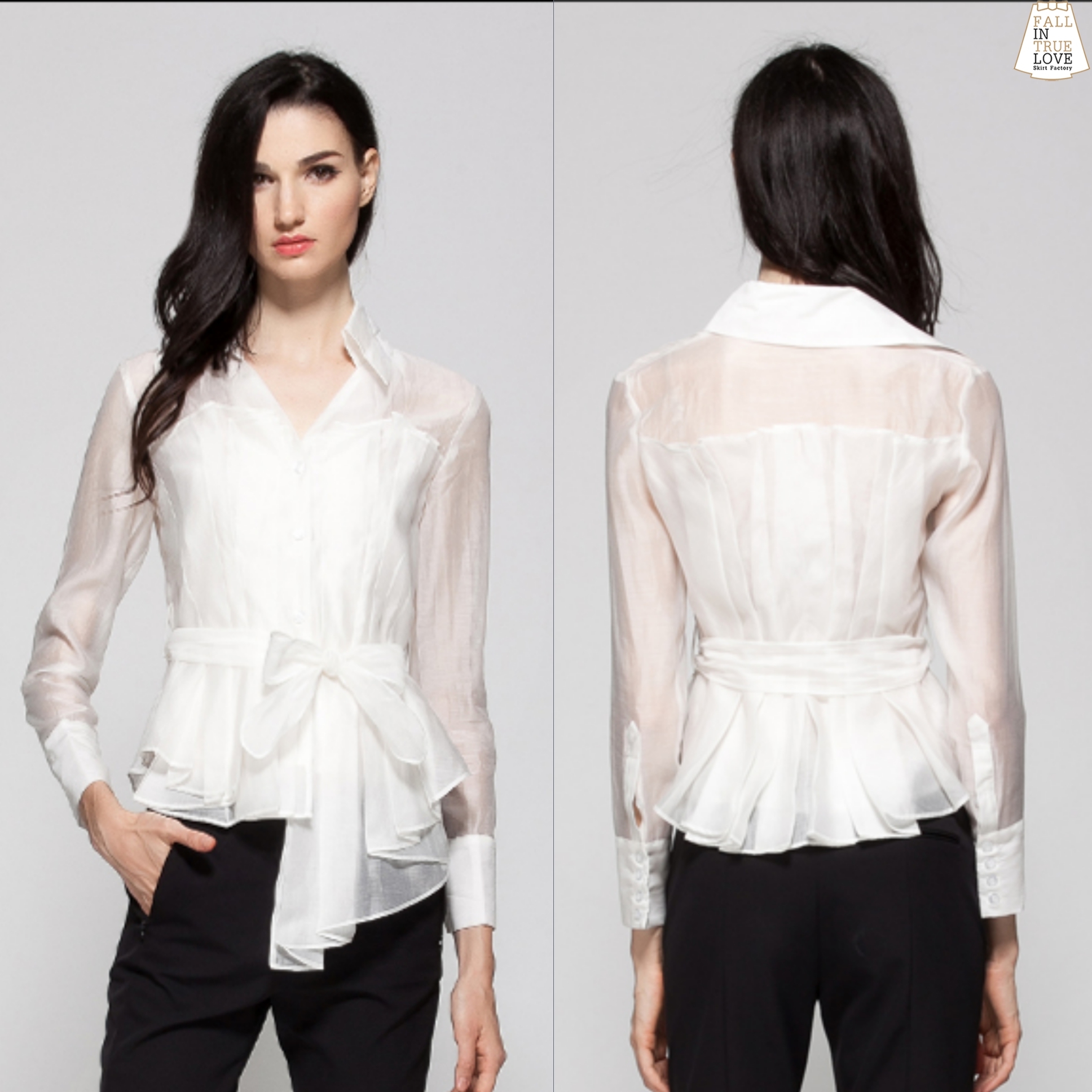 เสื้อแฟชั่น เสื้อเชิ้ตคอวีจับจีบทวิสต์ช่วงตัวรอบตัวหน้าหลังแบบเรียบหรู