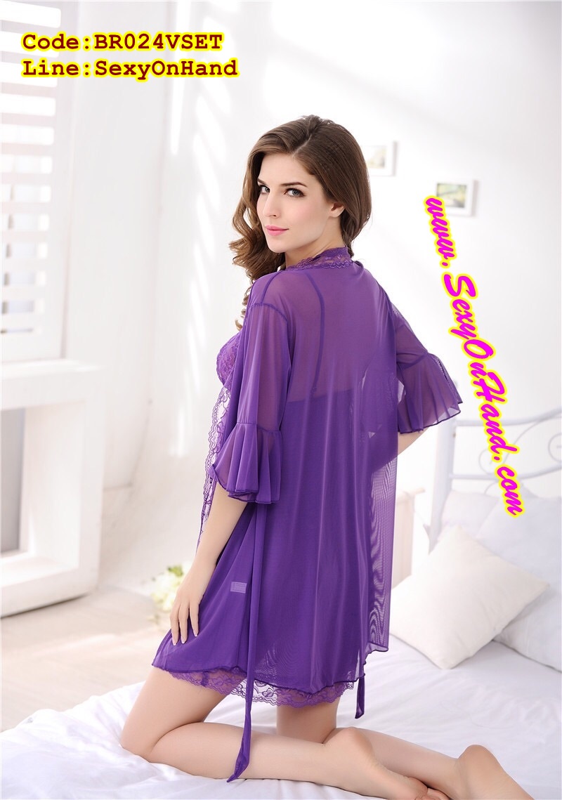 ชุดคลุม เซ็ท ชุดนอนสายเดี่ยว แต่งระบายเนื้อผ้าซีทรู สีม่วง ผ้าเกรดพรีเมี่ยม ทิ้งตัว สวยหรู มีน้ำหนัก