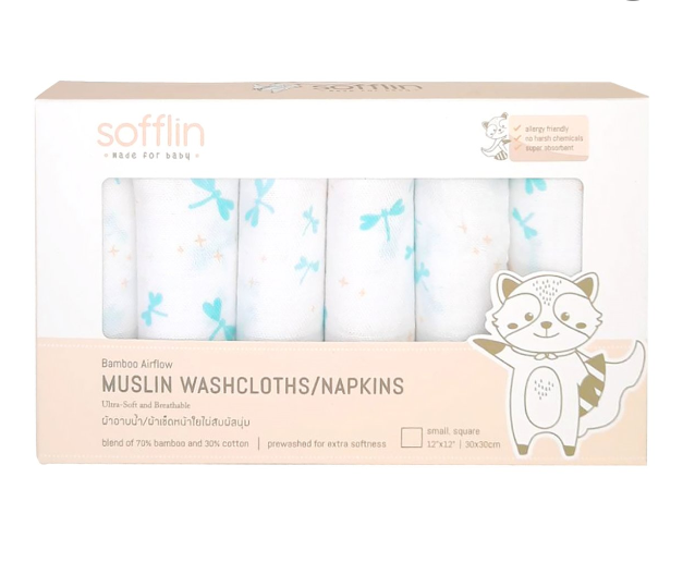 Sofflin ผ้าอาบน้ำ ผ้าเช็ดหน้ามัสลินใยไผ่ ขนาด 12 นิ้ว(แพ็ค 6ชิ้น)