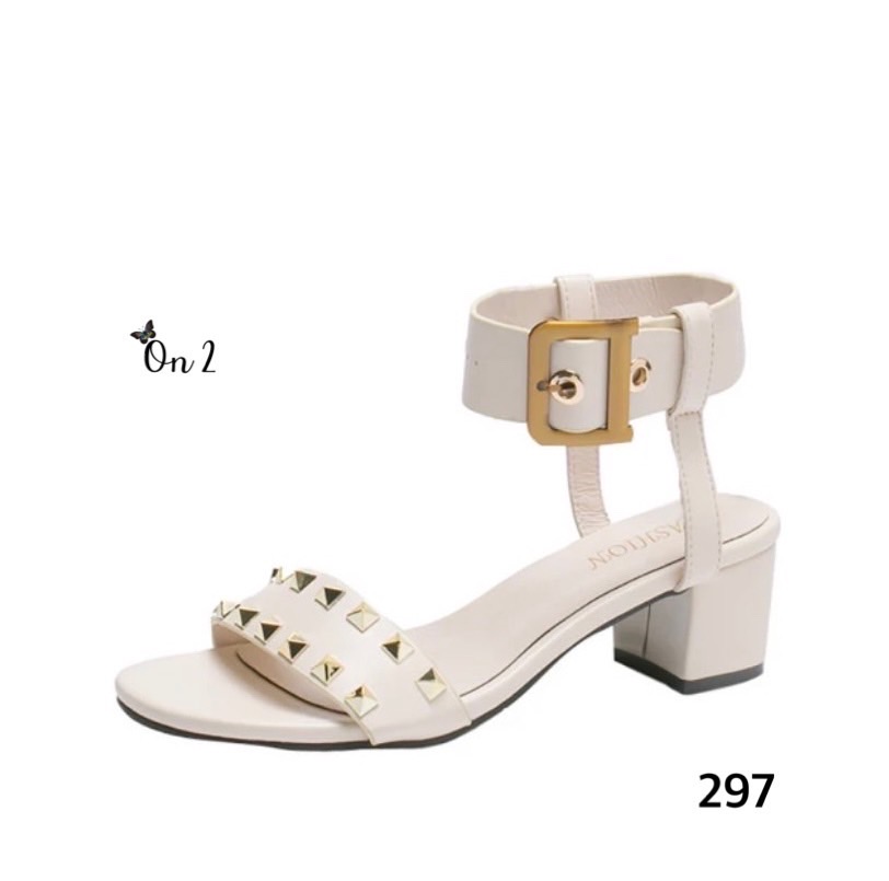 รองเท้าส้นสูงรัดข้อสไตล์แกลดิเอเตอร์ หน้าดอกมุก ส้นสูง 2" กำลังดีใส่เดินง่าย งานดี งานมีกล่อง