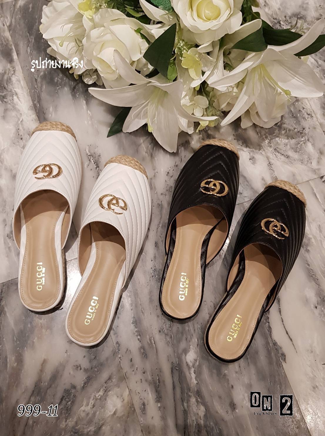 chevron shoes คัชชูเปิดหลังหนังปั้มแบรนด์กุชชี่ หน้าติดโลโก้ หนังPuแต่งลาย chevron ซอฟในนุ่มใส่สบาย พื้นปั้มคะ มา 2 สี