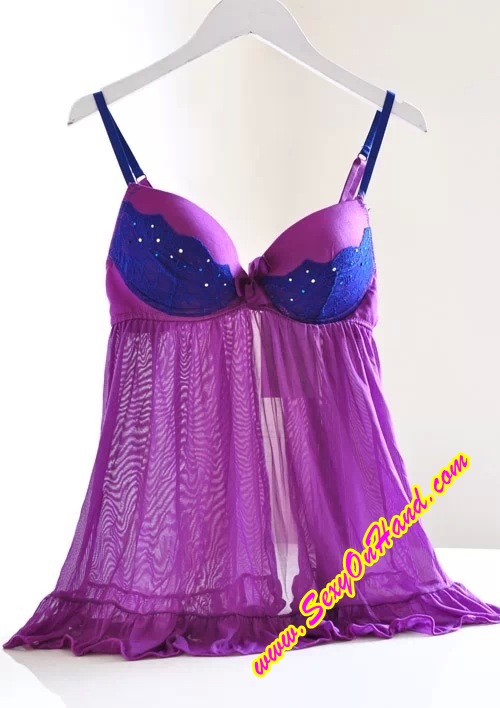 ชุดนอน สายเดี่ยวแต่งลูกไม้ สีม่วง งานเกรดพรีเมี่ยม ติดตะขอด้านหลัง Size XL (C85/D70/D75/D80 )