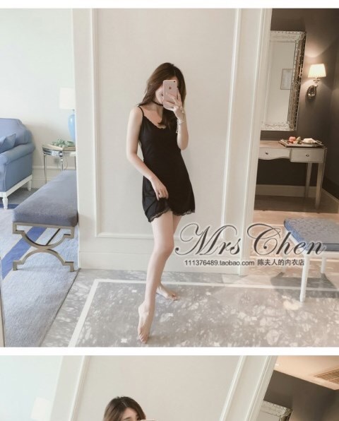 ชุดนอนเซ็กซี่ ชุดนอนสายเดี่ยว สีดำ แต่งสายลูกไม้ปักด้านหลัง สวยเปรี้ยว เนื้อผ้ายืด เกรดพรีเมี่ยม นุ่มลื่น เย็นสบาย +G-string