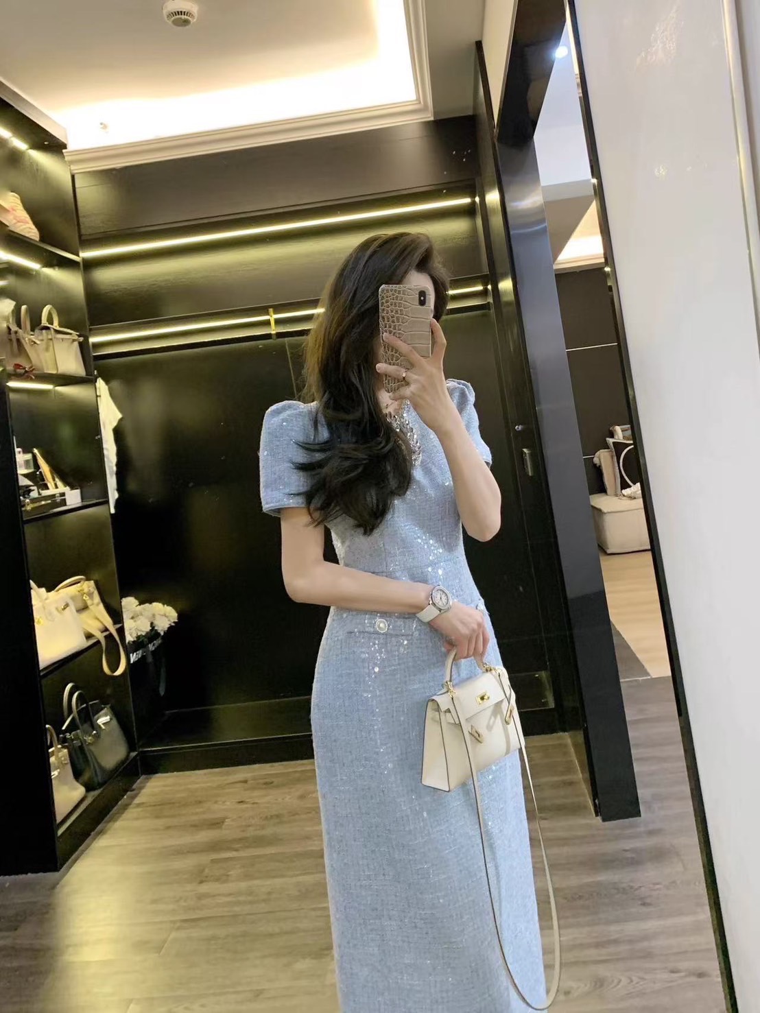 เดรสแฟชั่น เดรสตัวยาวเนื้อผ้าทวีตปักwinkสวยหรูโดดเด่น