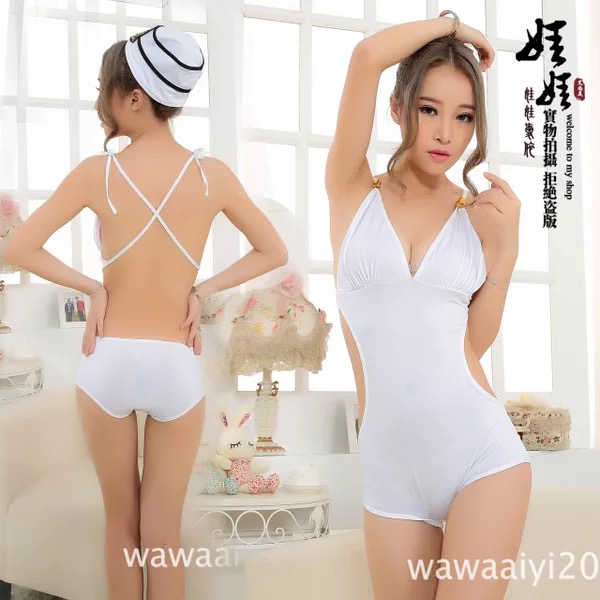 ชุดเซ็กซี่ วันพีซ ชุดทหารเรือ วันพีซ สีขาว คล้องคอ แต่งเว้าเอว สวย เปรี่ยว +หมวกผ้า ทหารเรือ เข้าชุด Free Size