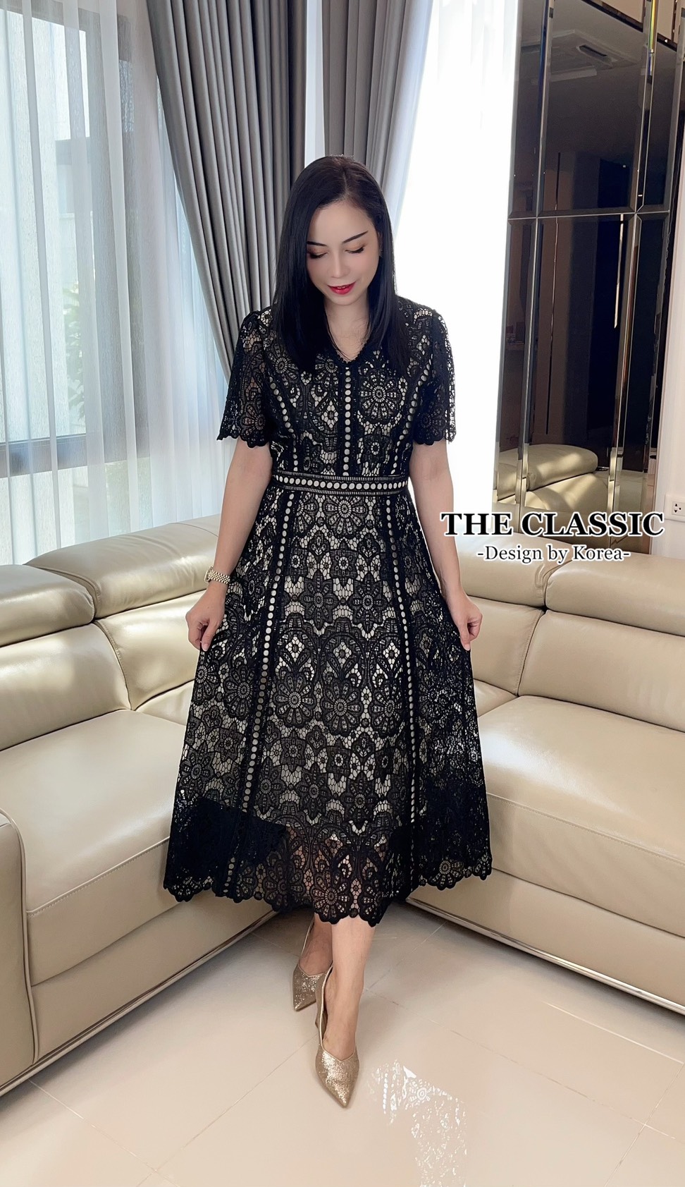 เดรสแฟชั่น เดรสยาวลูกไม้ คอกลมใช้ผ้าลูกไม้เนื้อหนาอย่างดี ขึ้นลวดลายดอกไม้ ลายชัด