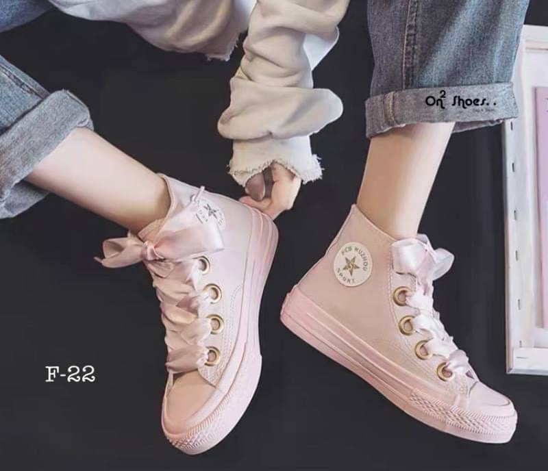 รองเท้าผ้าใบหุ้มข้อสไตล์แบรนด์ สายผูกโบว์ งานน่ารักเกาหลีมากกก มี 3 สี