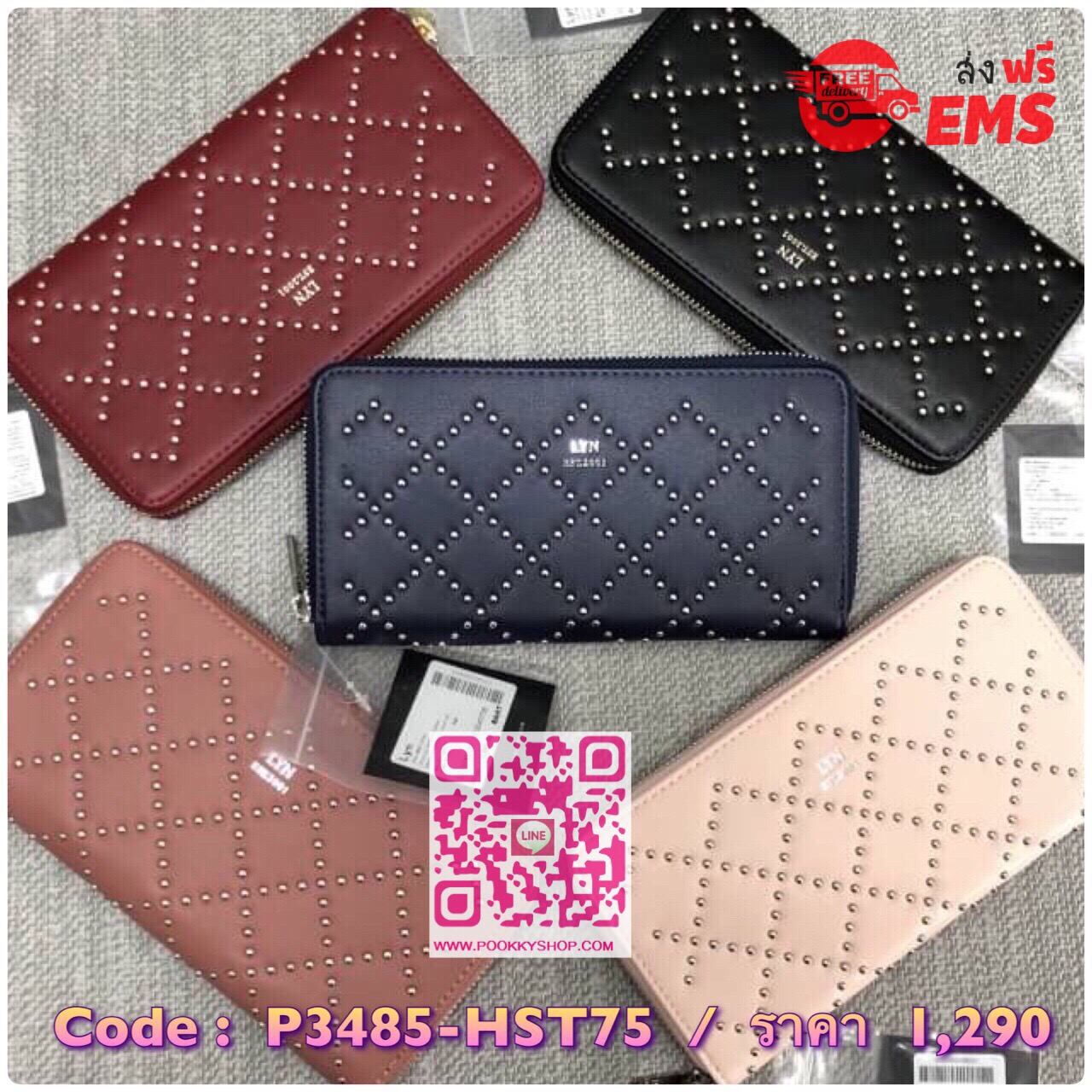 New arrival. LYN ALESSIA LONG WALLET BAG พร้อมส่งรุ่นใหม่ล่าสุดปี 2018 ค่ะ!!! กระเป๋าสตางค์ใบยาวซิปรอบ ตัวกระเป๋าปักหมุดกลมทรงข้าวหลามตัด เก๋มากๆค่ะ เปิดปิดกระเป๋าแบบซิป ภายในแบ่งสามช่อง มีช่องซิปกลาง ช่องหน้าหลังใส่ธนบัตร มือถือพวก iphon ได้ และช่องเสียบ