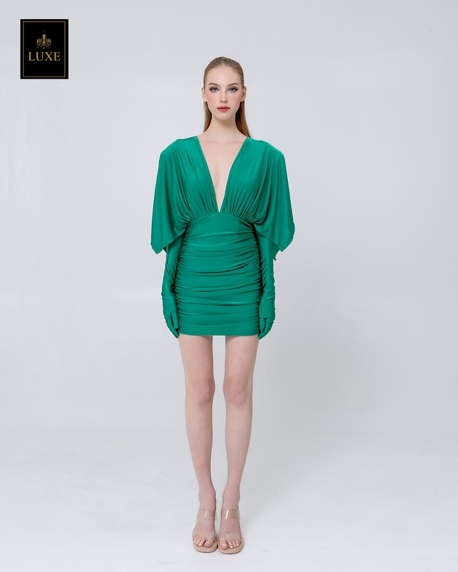 เดรสแฟชั่น เดรสกระโปรงเข้ารูป เสื้อคอวีแขนในตัว มาพร้อมถุงมือยาว