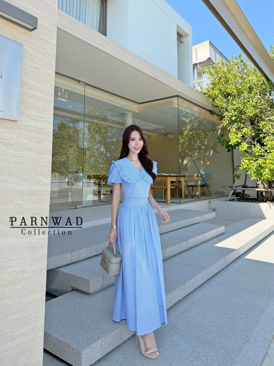 ชุดเซทแฟชั่น Set เสื้อคอปกแขนตุ๊กตาซิปหลัง มาพร้อมกับกระโปรงเอวสูงจับจีบ