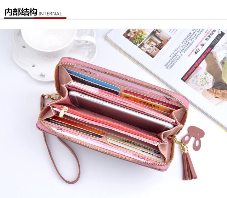Purse Bags Wallet For Women Ladies Bag Long Pocket Leather กระเป๋าสตางค์ใบยาวแบบซิปรอบ CHERRY มีสายคล้องมือ