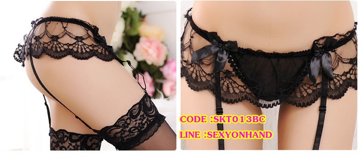 สายรัดถุงน่อง Stocking แต่งระบายลูกไม้ สีดำ พร้อมG-string ในตัว