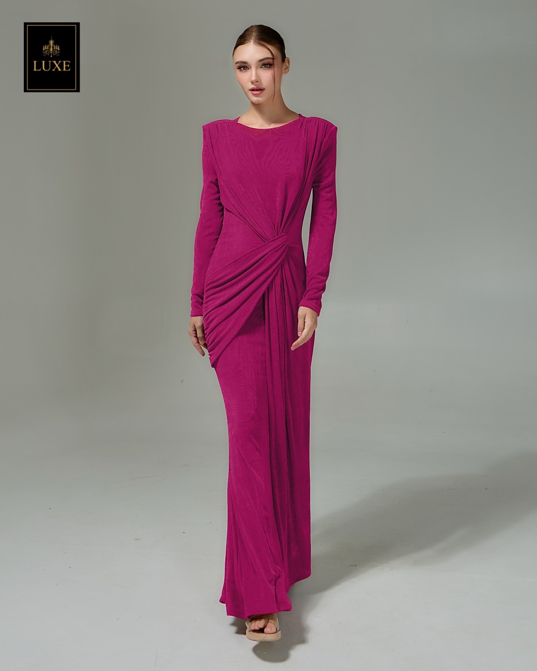 เดรสแฟชั่น แม็กซี่เดรสเสื้อคอกลมแขนยาว เสริมไหล่ กระโปรงยาวคลุมข้อเท้า