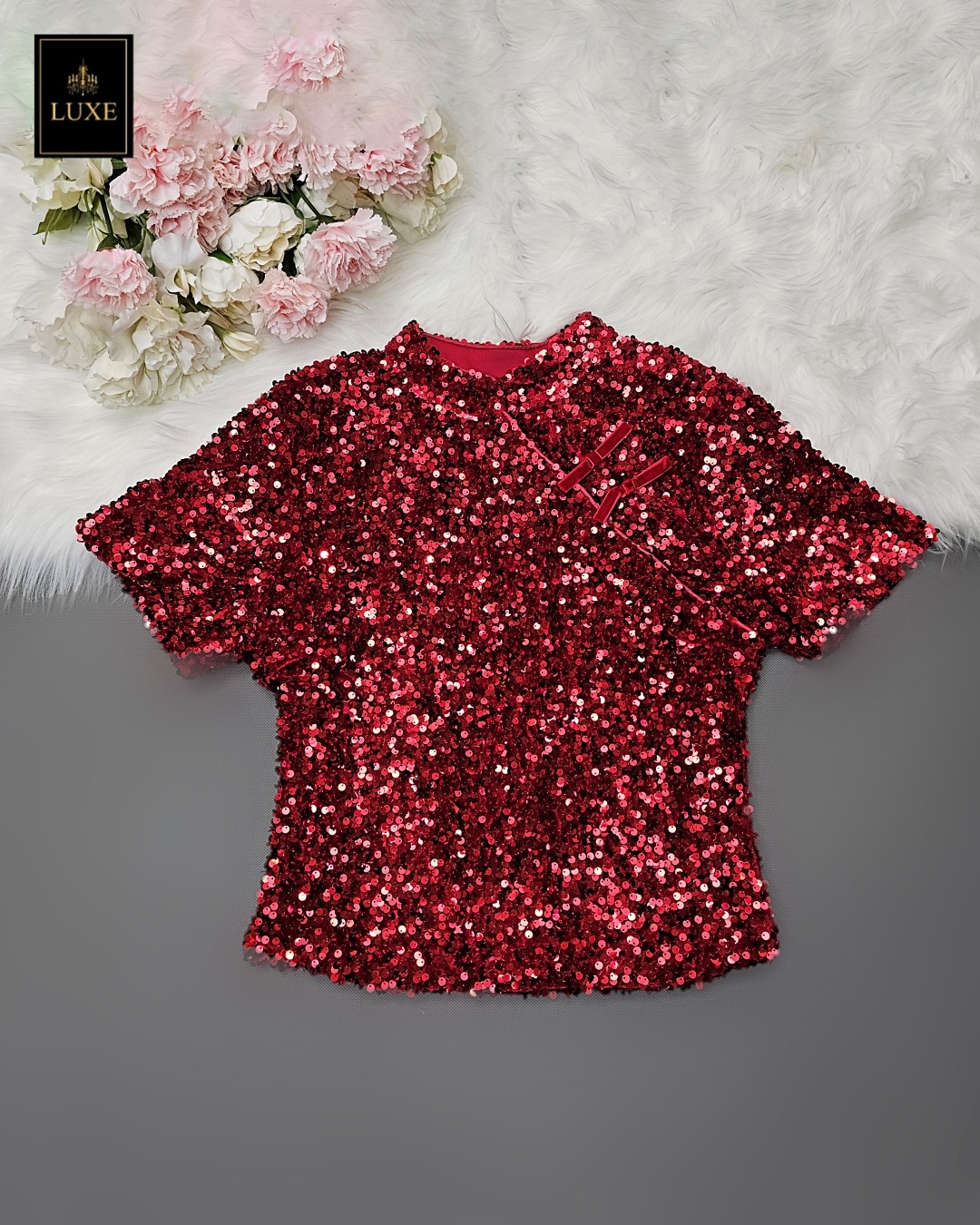 เสื้อแฟชั่น เสื้อกี่เพ้าแขนสั้น ผ้ากำมะหยี่ปักเลื่อมวิบวับ เนื้อนุ่มยืดหยุ่น มีซับในเต็มตัว