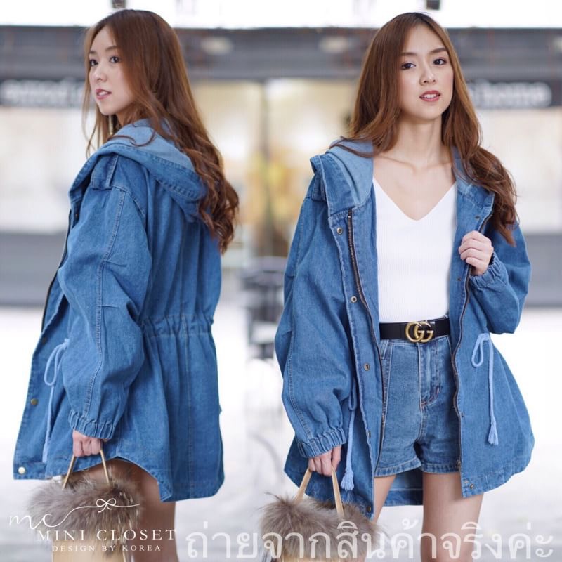 🙆🏻♀️Denim Hood Jacket🙆🏻♀️ เสื้อคลุมอีกรุ่นที่แพตเทิ้นเป๊ะ ใส่สวยปัง กับแจ็คเก็ตยีนส์ฮู้ด แขนสม๊อกยางยืด เวลาใส่น่ารักดีค่ะ มีเชือกที่ขอบเอวรูดรัด ยาวคลุมสะโพก โอเวอร์ไซส์เก๋ๆค่ะ