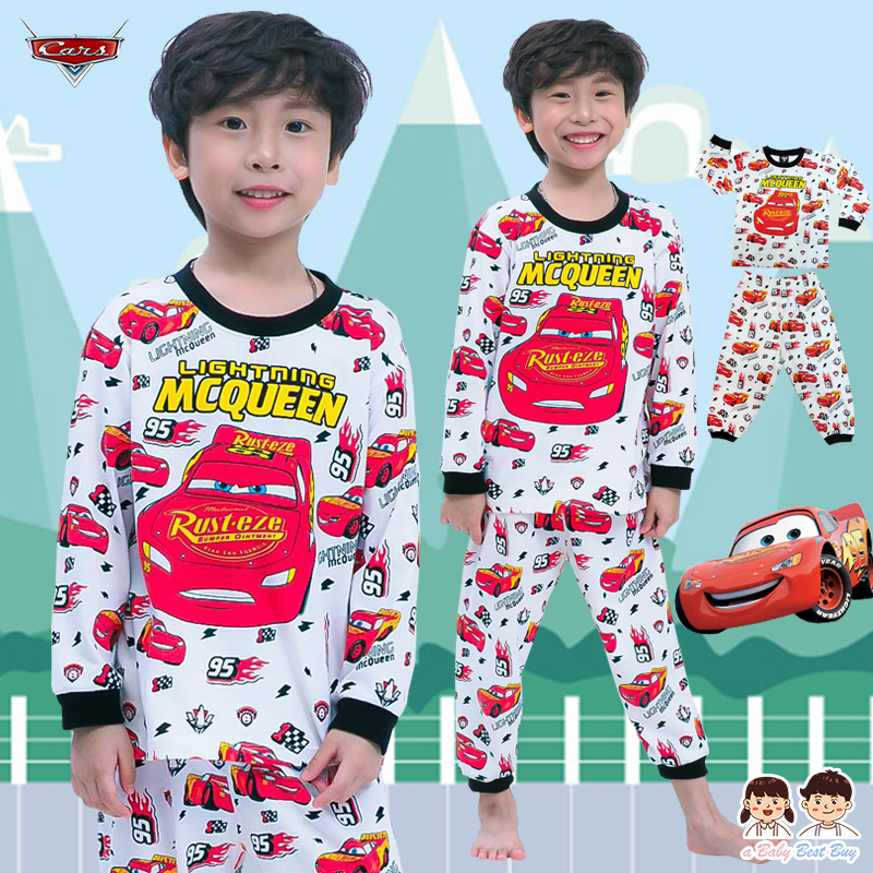 ฮ (Size S-M-L-XL) ชุดนอนเด็กผู้ชาย Disney Cars เสื้อแขนยาวสีขาว กางเกงขายาว สุดเท่ห์ ลิขสิทธิ์แท้ (สำหรับเด็กอายุ 2-8 ปี )