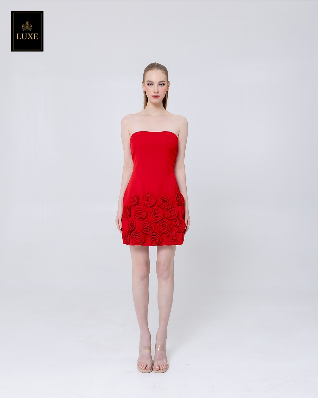 เดรสแฟชั่น เดรสเสื้อเกาะอก กระโปรงทรงเอ ทำจากผ้าฝ้ายผสมโพลีเอสเตอร์ เนื้อนุ่มยืดหยุ่น ใส่สบาย