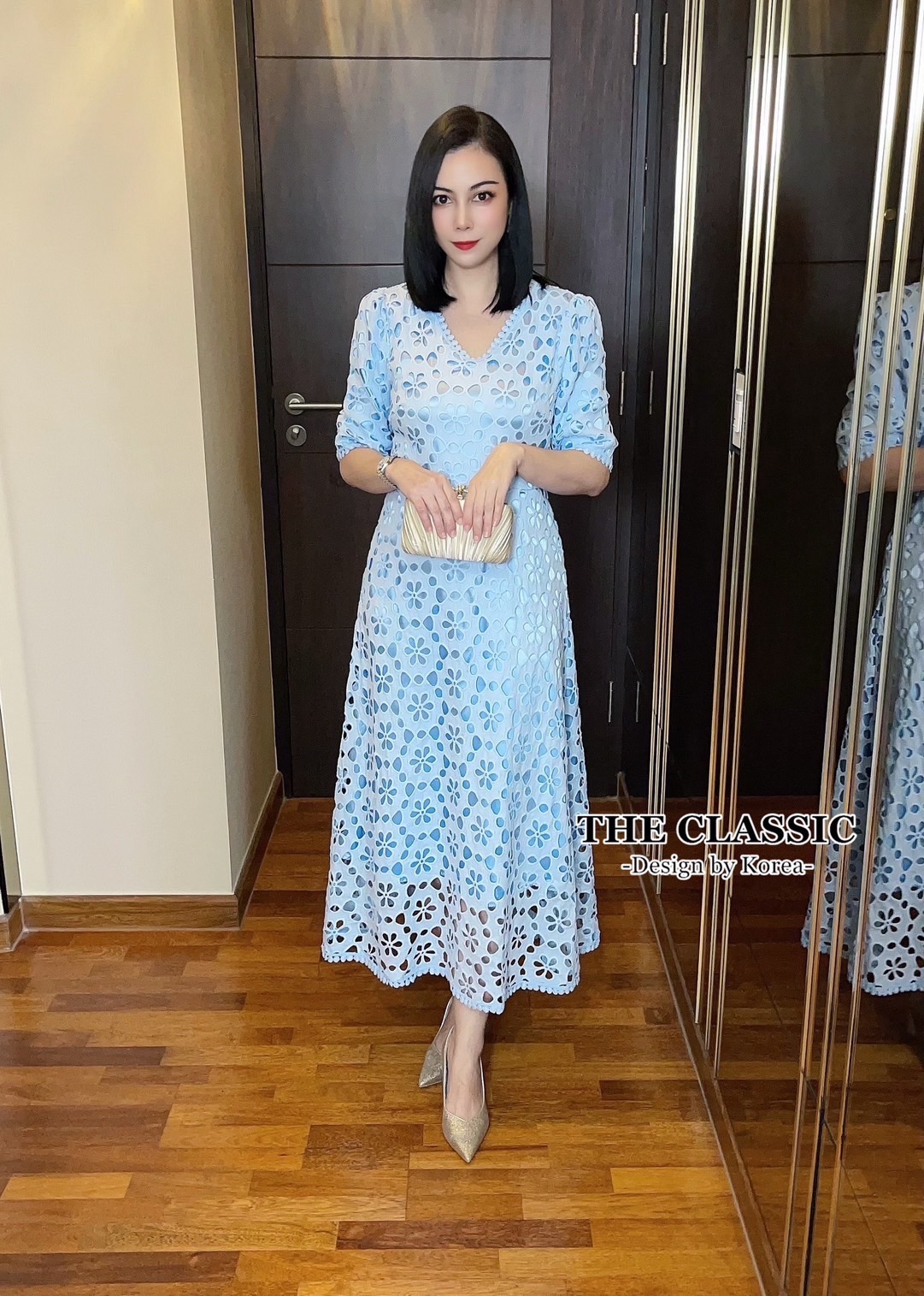 เดรสแฟชั่น เดรสลูกไม้ยาว ใช้ผ้าลูกขึ้นลายดอกไม้ เนื้อแน่นอย่างดีมีน้ำหนัก