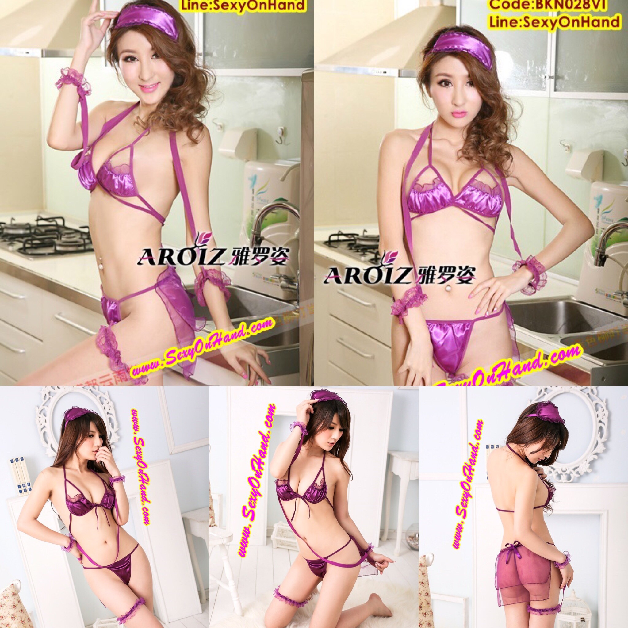 ชุดบิกินี่ เซ็ท Bikini ทูพีซ สีม่วง พร้อมอุปกรณ์สายรัดข้อมือ +ปิดตา สำหรับสาวน้อยขี้เล่น สวมบทบาทถูกลักพาตัว (5ชิ้นในเซ็ท)