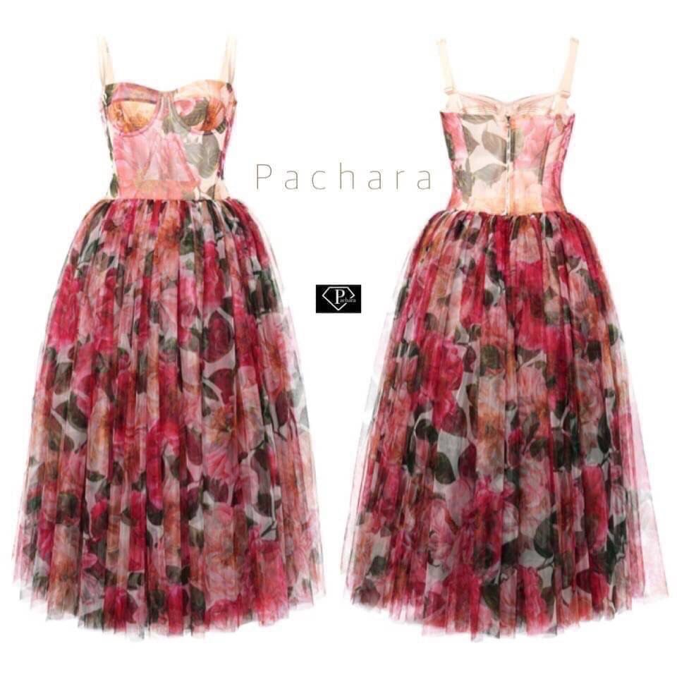 เดรสแฟชั่น เดรสลูกไม้ตาข่ายลายดอกกุหลาบสีชมพูแดง เนื้อผ้าลูกไม้ตาข่ายเนื้อนิ่มเกรดพรีเมี่ยม