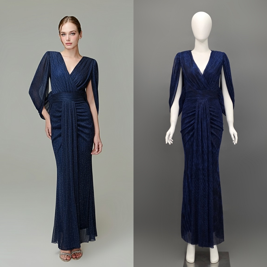 เดรสแฟชั่น แม็กซี่เดรสเสื้อคอวีคลุมแขน กระโปรงเข้ารูปตรงสะโพก