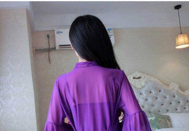 ชุดคลุม เซ็ท ชุดนอนสายเดี่ยว แต่งระบายเนื้อผ้าซีทรู สีม่วง ผ้าเกรดพรีเมี่ยม ทิ้งตัว สวยหรู มีน้ำหนัก