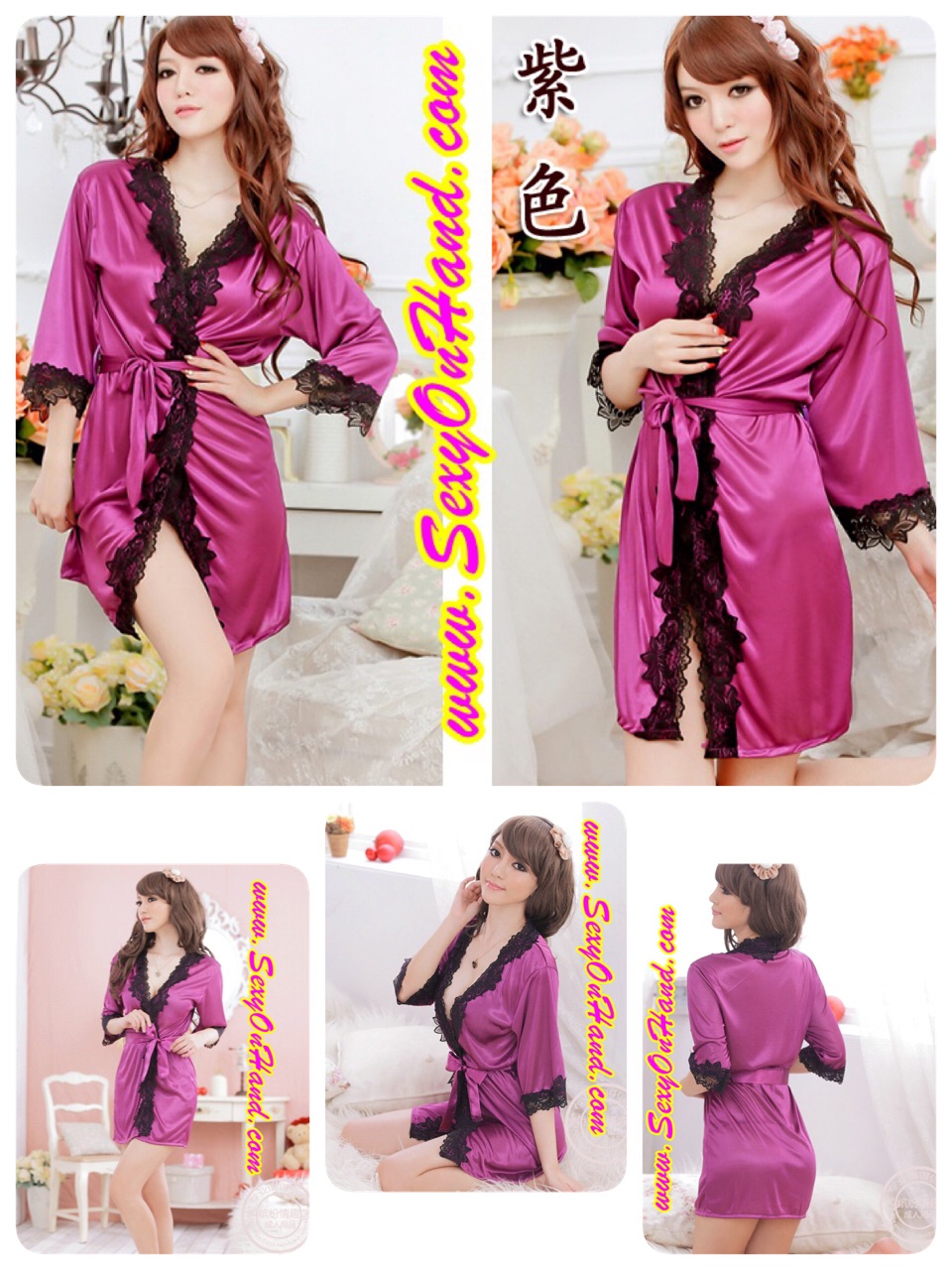 ชุดเซ็กซี่ ชุดนอน เซ็กซี่ ชุดคลุม เซ็กซี่ ชุดคลุมผ้าซาติน สีม่วงเล่นขอบลูกไม้สีดำ หรูมาก พร้อมสายผูก +จีสตริง