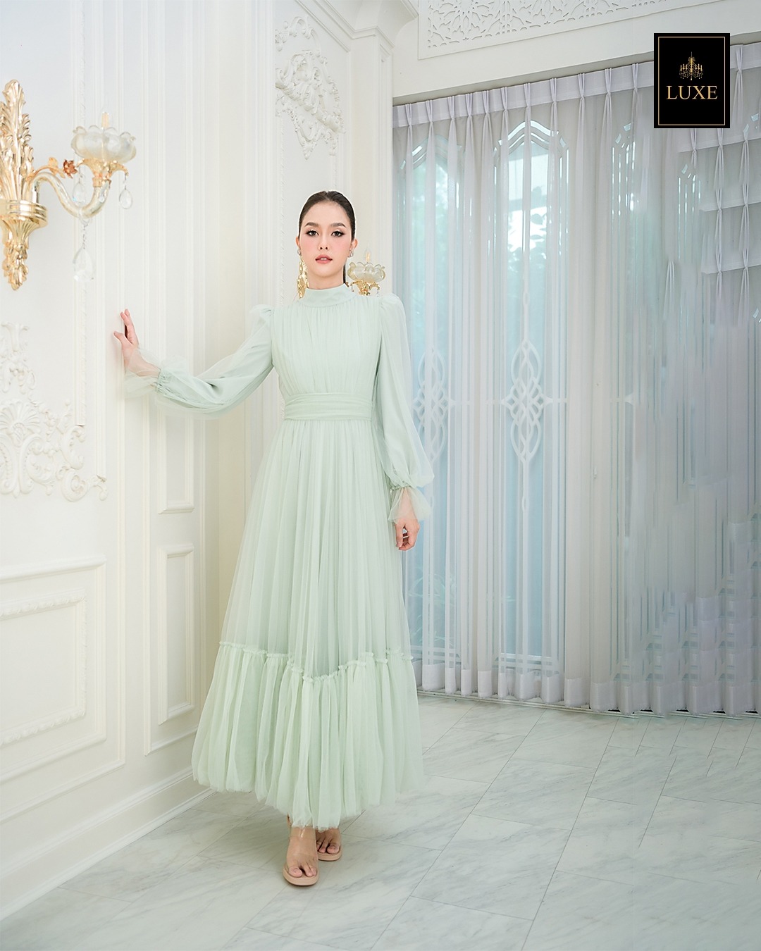 เดรสแฟชั่น แม็กซี่เดรสเสื้อคอปีนแขนยาว กระโปรงบานต่อชายรูดระบายรอบตัว