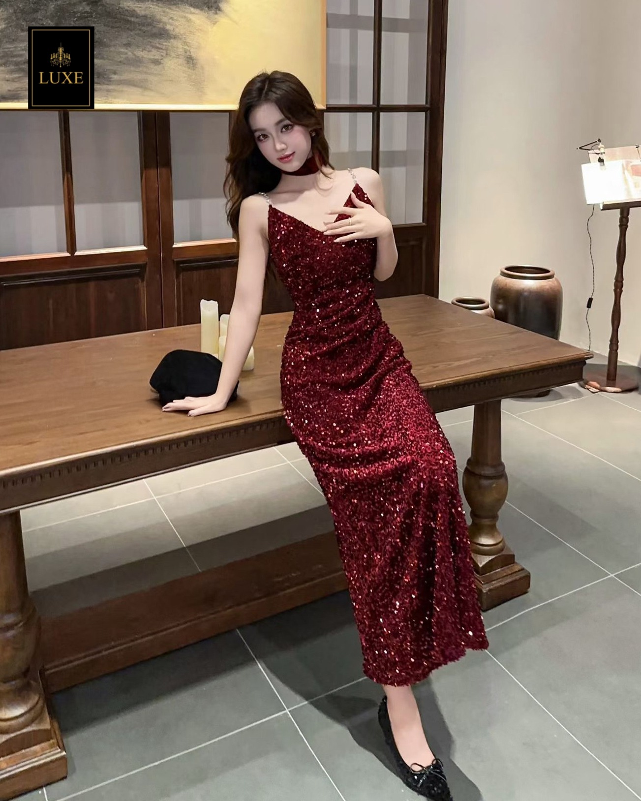 เดรสแฟชั่น เดรสเสื้อสายเดี่ยว กระโปรงยาวทางเอ