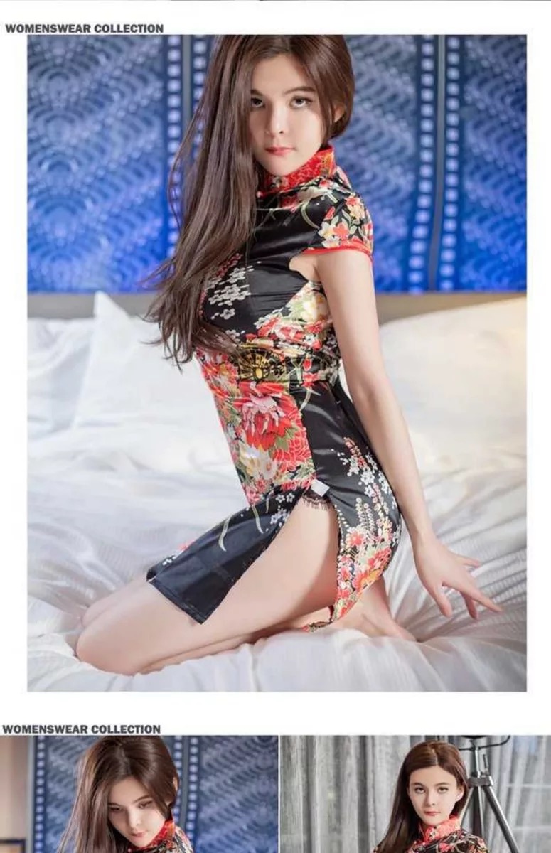 ชุดกี่เพ้าประยุกต์ ชุดกี่เพ้า สาวหมวยอินเตอร์ สีดำ ลายดอกไม้ แต่งแหวกข้าง