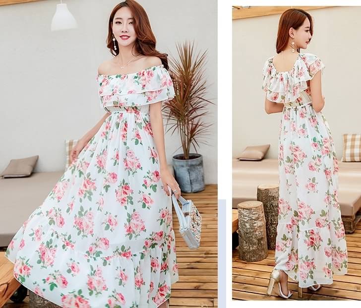 เสื้อผ้าแฟชั่นนำเข้า : MAXI DRESS ชุดเดรสยาว พร้อมส่ง สีขาว ลายดอกกุหลาบหวาน น่ารักมากๆค่ะ เนื้อผ้าชีฟอง อย่างดี มีน้ำหนักผ้าทิ้งตัว งานสวยเหมือนแบบเลยค่ะ ดีเทลระบาย ใส่ได้หลายแบบเลยค่ะ ใส่แบบคอกลมน่ารัก ใส่เปิดหัวไหล่เซ็กซี่ หรือ ใส่แบบเกาะอกก็ได้ค่ะ เอว