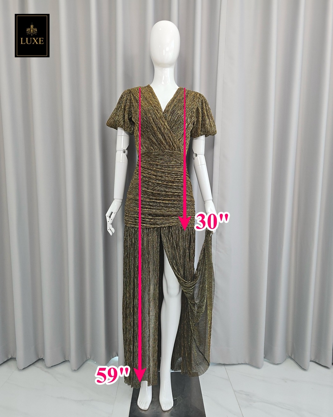 เดรสแฟชั่น แม็กซี่เดรสเสื้อคอวีป้าย แขนบอลลูน กระโปรงรูดเข้ารูปตรงสะโพก