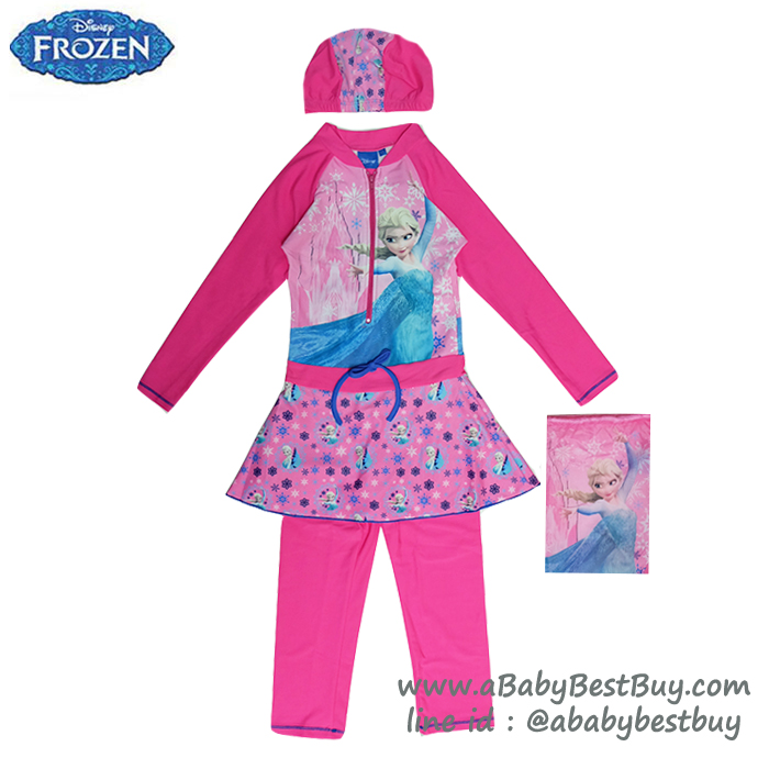ฮ ( For Kids ) ชุดว่ายน้ำ เด็กผู้หญิง Disney Frozen บอดี้สูท เสื้อแขนยาว กระโปรงกางเกงขายาว สีชมพู ลาย เจ้าหญิงเอลซ่า ชุดว่ายน้ำเด็กผู้หญิง ดิสนีย์แท้ ลิขสิทธิ์แท้