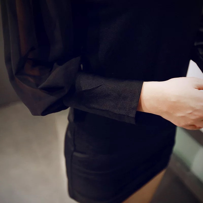 ชุดเดรส ดำ แต่งแขน ผ้าชีฟองซีทรู สวยเก๋ Size M/L