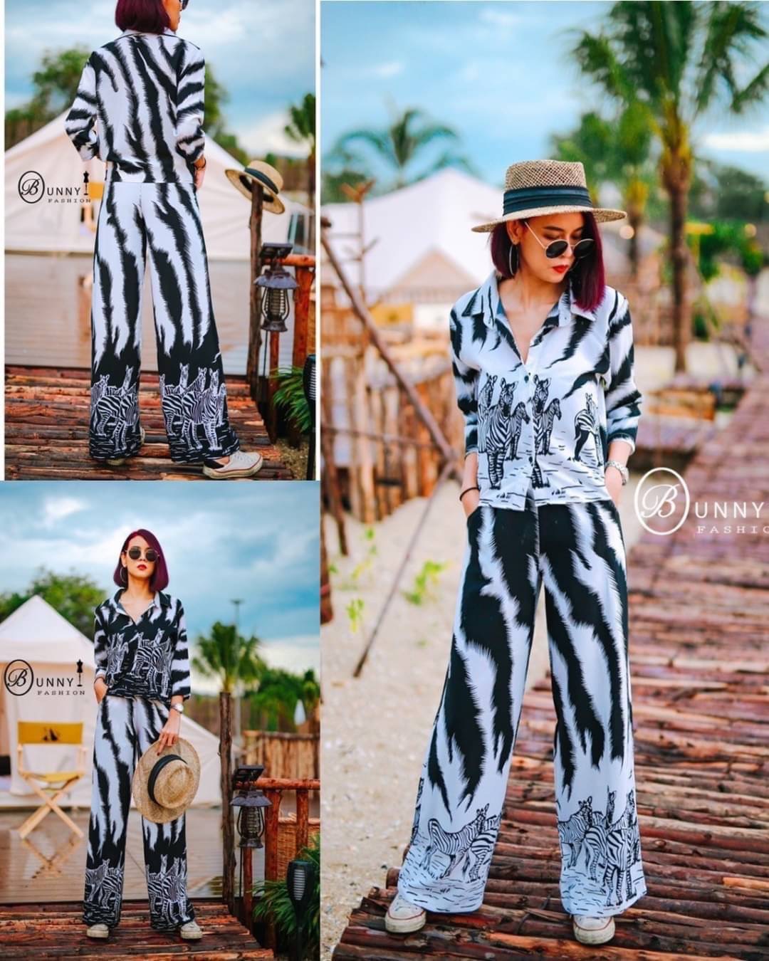 🌈New!!! BunnyFashion🌈 Set เสื้อเชิ๊ต+กางเกงเอวสูง ชุดเซตผ้าพิมพ์ลายม้าลาย ตัวกางเกงมีซัพในตัว กระเป๋าเจาะ2ข้าง