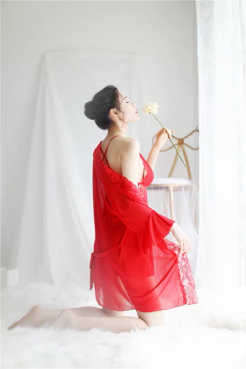 เซ็ทชุดคลุมนอน เซ็ดชุดนอน สายเดี่ยว+ชุดคลุมนอน ซีทรูสีนูทพีช แต่งลูกไม้ สวย หรู งาน เซ็กซี่มากๆคะ สำเนา