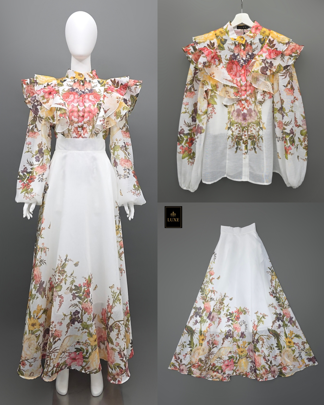 ชุดเซทแฟชั่น เซ็ตเสื้อคอกลมแขนยาว+กระโปรงยาว แต่งระบายตัวเสื้อหน้าและหลัง