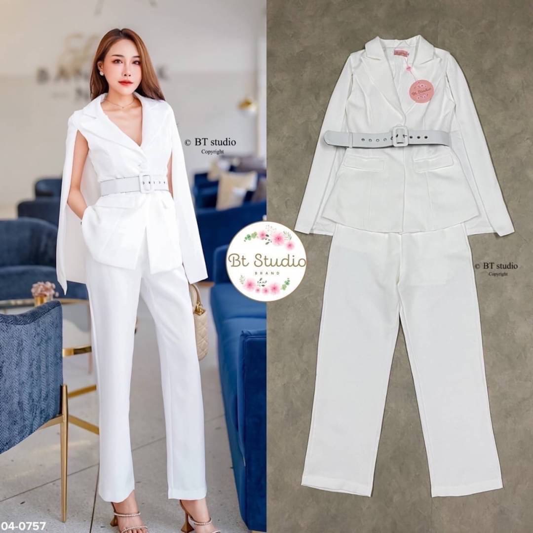 เซท 3 ชิ้น เสื้อเบเซอร์แขนกุด แต่งแขนเป็นผ้าคลุม กระดุมหน้า มาพร้อมเข็มขัด แมทซ์กับกางเกงขายาวมีกระเป๋าข้างใช้งานได้จริง ลุค CEO แบบ สวย หรู ดูแพงจ้าาา
