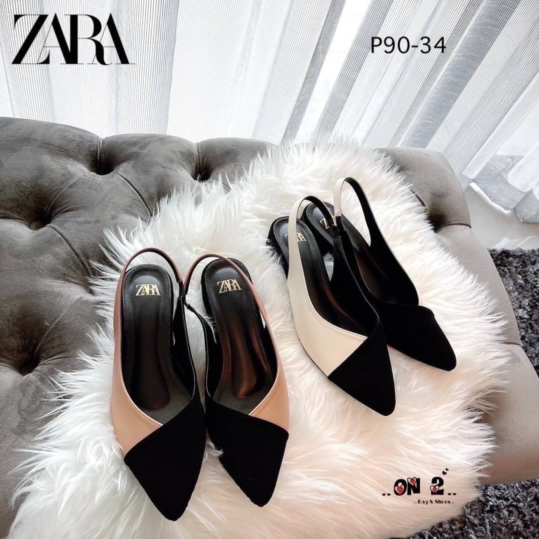 ZARA รองเท้าคัชชูหัวแหลมเปิดหลังสวมข้อเท้างานZARA ด้านหลังแบบยืดได้ สีสวยคลาสสิค ดำ-ขาว ดำ-ครีม ใส่แมทซ์กับชุดได้เยอะค่ะ