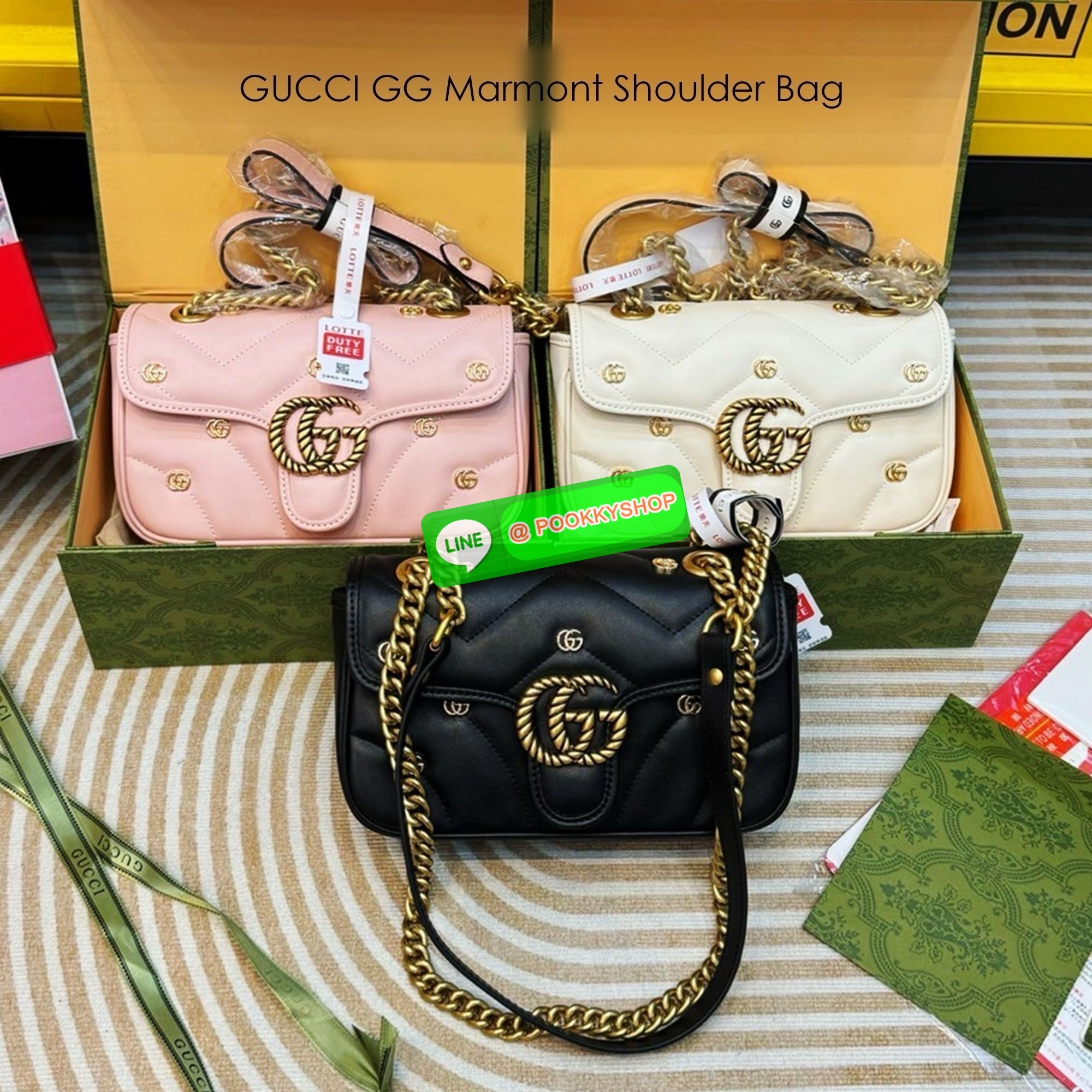 GUCCI GG Marmont Shoulder Bag with monogram-plaque กระเป๋าสะพายรุ่นคลาสสิค ดีไซน์ใหม่ ตกแต่งโลโก้ GG เต็มใบ เพิ่มความลูกคุณลักชูไปอีก สีสวยขับผิว ดูแพง อัพลุคได้สบายๆ เป็นไอเท็มที่ใช้เป็น everyday bag ได้เลย ใบนี้ต้องแนะนำเลยจ้า