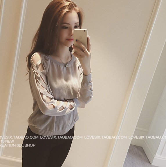 เสื้อแฟชั่น แขนยาว ตกแต่งสายไขว้ เก๋ๆ สีเทาเข้ม