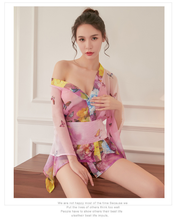 ชุดกิโมโน ซากุระ ซีทรู สีชมพู แต่งสายคาด โบว์สำเร็จรูป สำเนา