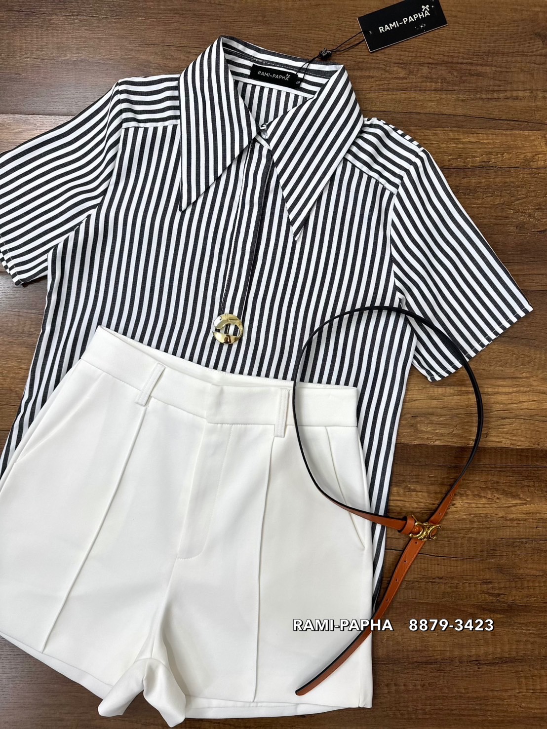 ชุดเซทแฟชั่น เซตส4ชิ้นสุดคุ้ม!! เสื้อเชิ้ตแขนสั้นคอปกเก๋ๆ ลายริ้วทางตรงสีสวยคลาสสิค