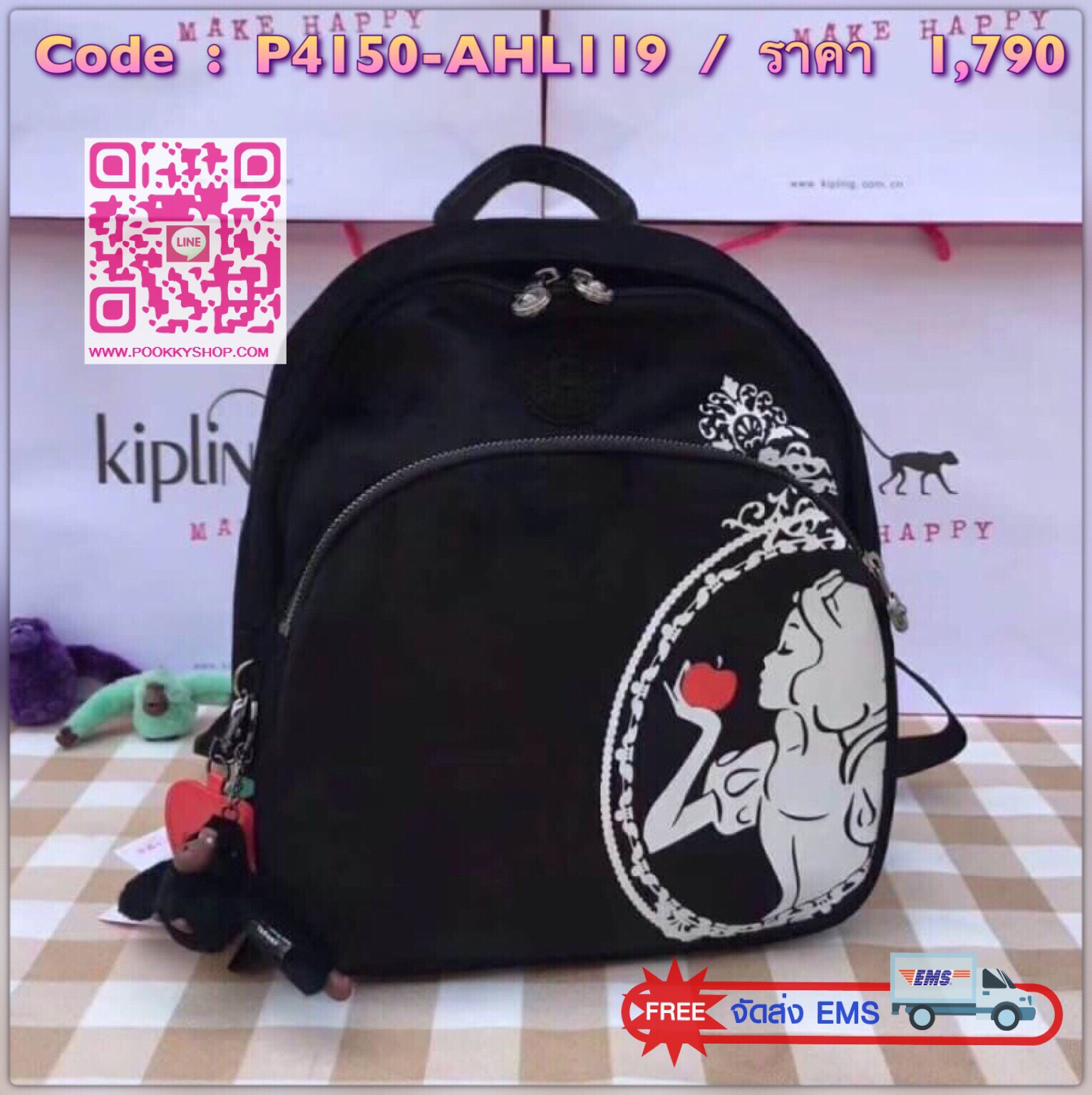 Don’t Miss! Kipling Disney’s Snow White Paola Satin Backpack กระเป๋าสะพายเป้รุ่นหายาก Limited Edition วัสดุ Velvet+Polyester 100% กำมะหยี่สีดำด้านหน้าลายสโนว์ไวท์ลิขสิทธิ์แท้จาก Disney น้ำหนักเบา เปิดปิดด้วยซิปสะดวกใช้หัวซิปแบรนด์สวยดูดี มีช่องซิปด้านหน้า