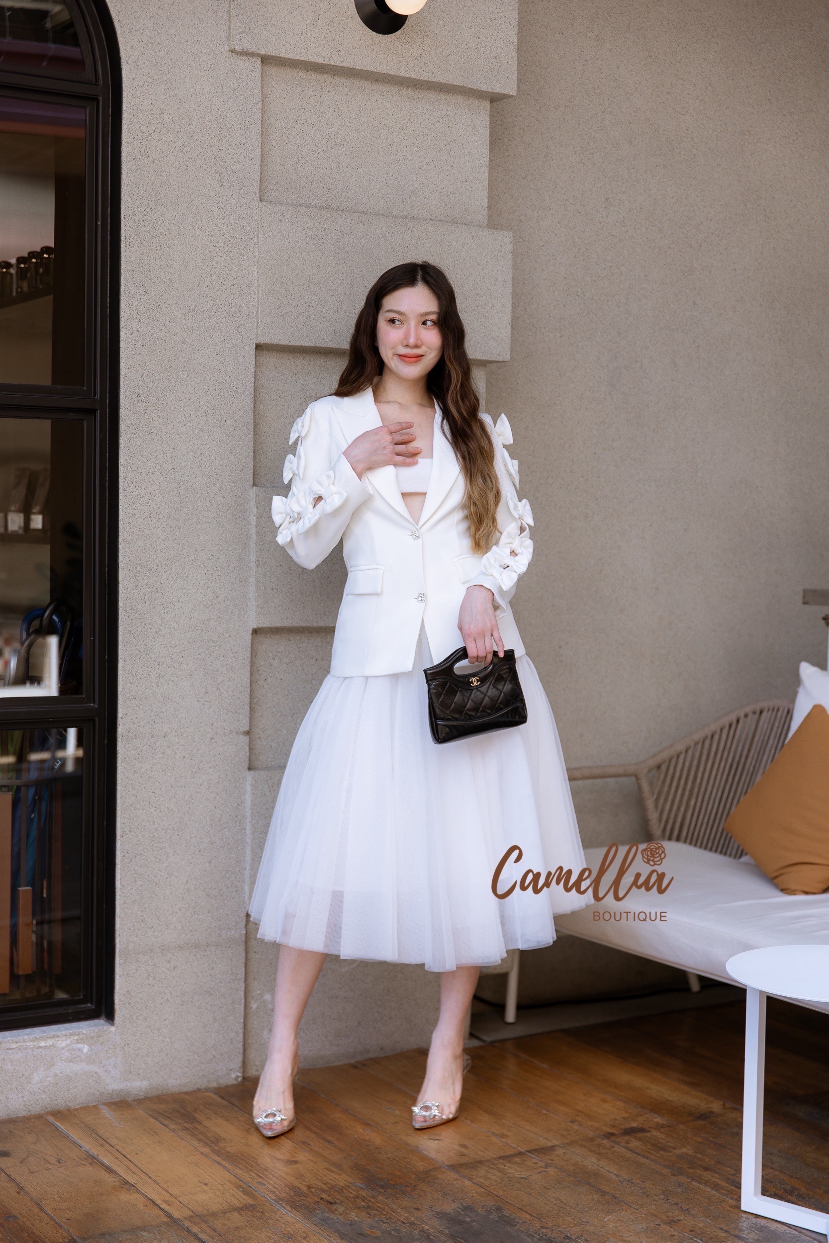 ชุดเซทแฟชั่น ชุดSet เสื้อBlazer แขนโบแต่งกระดุมเพชรด้านหน้า