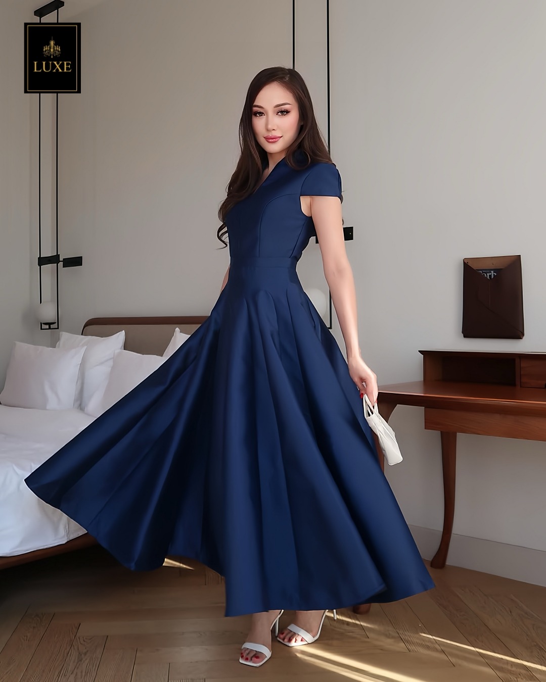 เดรสแฟชั่น เดรสเสื้อคอตั้ง แขนสั้น กระโปรงบาน